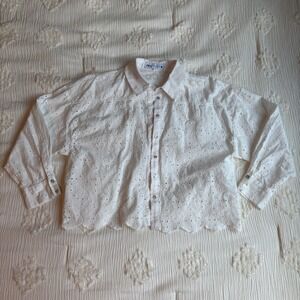 Zara White Eyelet Lace Button Up Blouse Floral Scalloped Hem Cottagecore Boho M